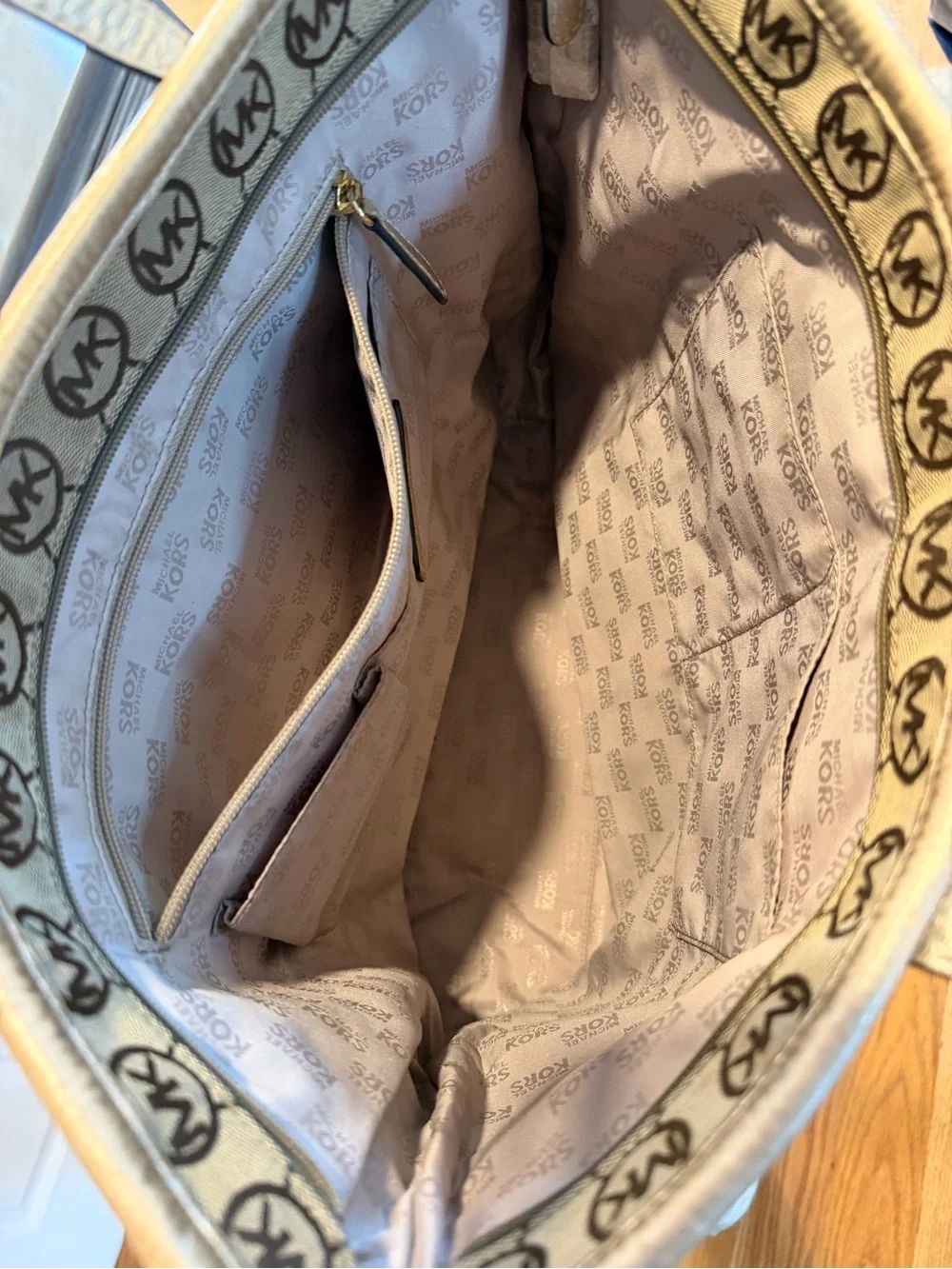Michael Kors Tan/Brown Monogram Tote with Gold Accents